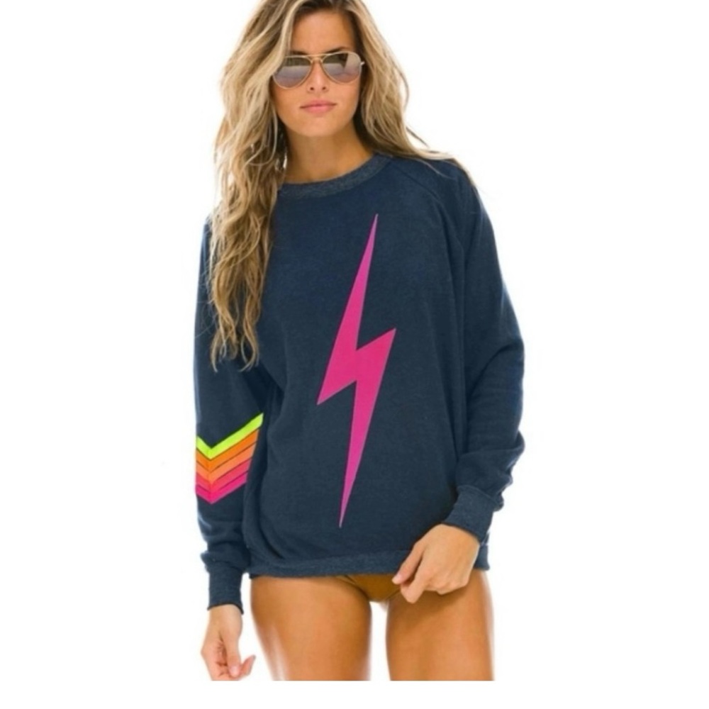 Aviator Nation Heather Blue Neon 5 Stripe Chevron Bolt Sweatshirt  size large